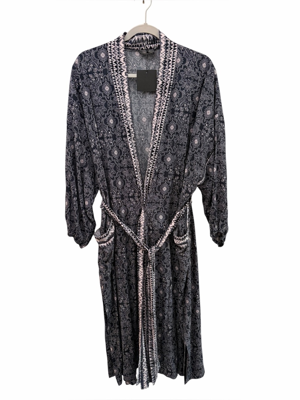NWT Dress Forum Chic Navy Blue Mosaic Print Tie Waist Robe Size Large Pockets
